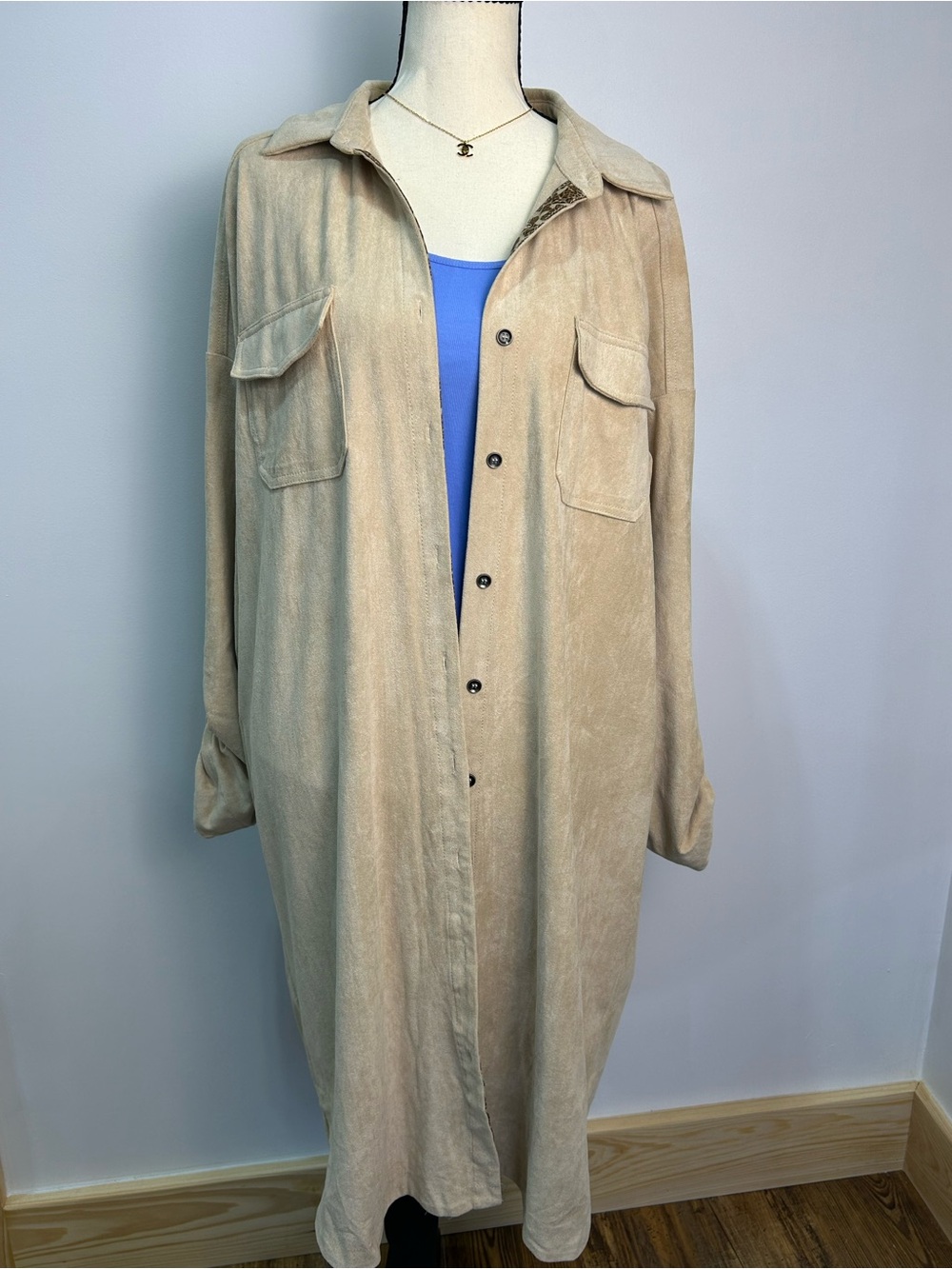 Umgee Neutral Tan Suede-Look Button Front Long Coat